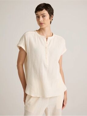 Quince Organic Cotton Gauze Roll Sleeve Shirt Cream Euro Summer Relaxed Top M